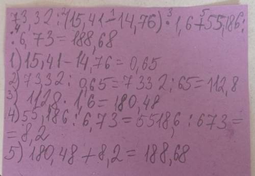 Найдите значение выражения 73,32 : (15,41 − 14,76) · 1,6 + 55,186 : 6,73. Запишите решение и ответ.