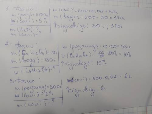 1. Яку масу солі і води потрібно відважити, щоб добути 600г розчину з масовою часткою солі 5%.​ 2. Є