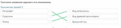 Соотнеси название оружия с его описанием. Количество связей 3ГастрофетВид катапультыСкорпионВид древ