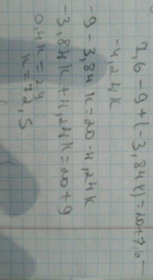 Реши линейное уравнение: 7,6−9+(−3,84k)=20+7,6−4,24k.