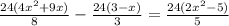 \frac{24(4x^{2} +9x)}{8} - \frac{24(3-x)}{3} = \frac{24(2x^{2} -5)}{5}