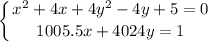 \displaystyle\\\left \{ {{x^2+4x+4y^2-4y+5=0} \atop {1005.5x+4024y=1}} \right. \\