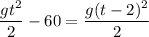 \dfrac{gt^2}{2} - 60= \dfrac{g(t-2)^2}{2}