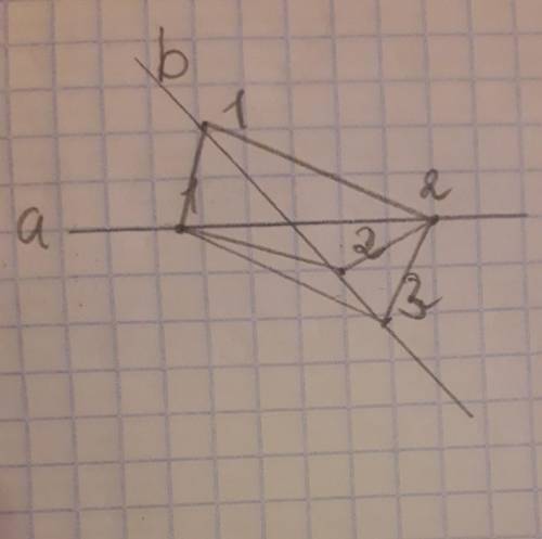 Прямые a и b пересакаются. На прямом a выбраны 2 точки, а на прямой b 3 точки. Выбранные точки соеди