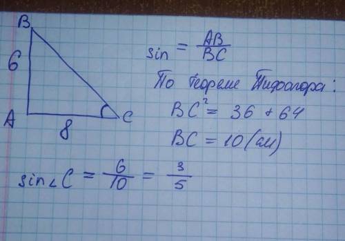 Катети прямокутного трикутника дорівнюють 6 см і 8 см. Знайдіть синус кута, протилежного меншому кат