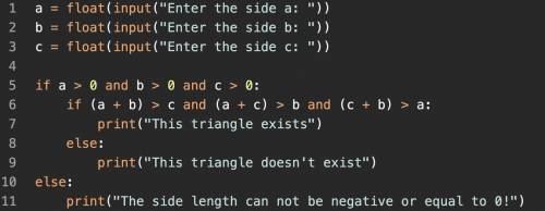 В програмі Python На вході маємо довжини сторін трикутника. Якщо даний трикутник може існувати, то н