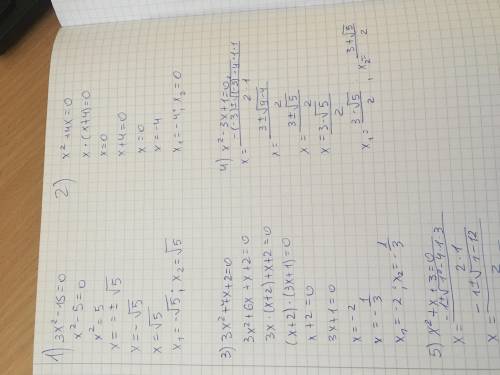 Розв'яжіть рівняння 3x²-15=0 x²+4x=0 3x²+7x+2=0 x²-3x+1=0 x²+x+3=0