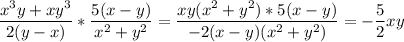 \displaystyle \frac{x^3y+xy^3}{2(y-x)} *\frac{5(x-y)}{x^2+y^2} =\frac{xy(x^2+y^2)*5(x-y)}{-2(x-y)(x^2+y^2)} =-\frac{5}{2} xy