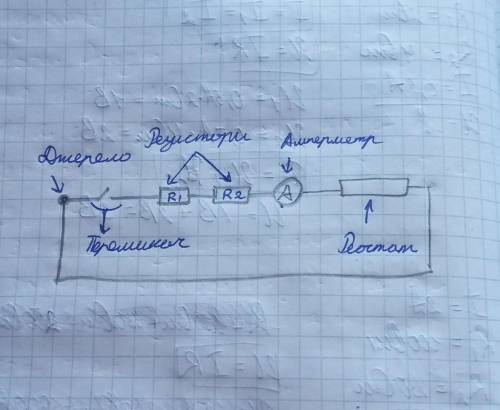 Накресліть схему електричного кола з послідовно з’єднаними джерелом струму, вимикачем, двома резисто