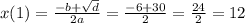 x(1) = \frac{ - b + \sqrt{d} }{2a} = \frac{ - 6 + 30}{2} = \frac{24}{2} = 12