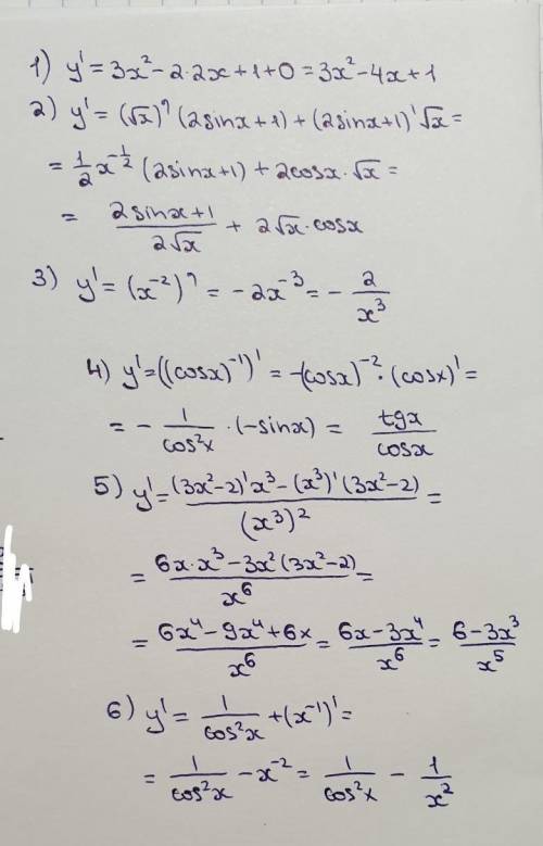 Найдите производную функции: 1)у=х^3-2х^2+х+2; 2)у=√х(2sinх+1); 3)у=1/х^2; 4)у=1/cosх; 5)у=3х^2-2/х^