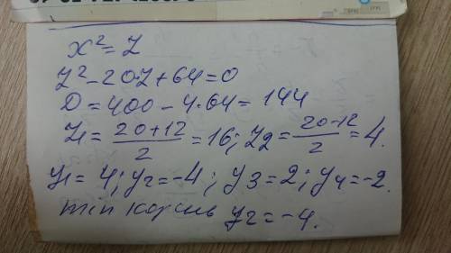 Укажіть найменший корінь рівняння х⁴-20х²+64=0 только нвпишите с объяснением, заранее !​