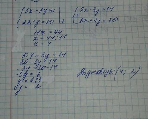 Яка з пар чисел є розв'язком системного рівняня. {5x-3y=14 {2x+y=10