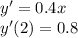 y '= 0.4x \\ y'(2) = 0.8