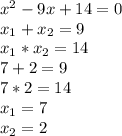 x^2-9x+14=0\\x_{1}+x_{2}=9\\x_{1}*x_{2}=14\\7+2=9\\7*2=14\\x_{1}=7\\x_{2}=2