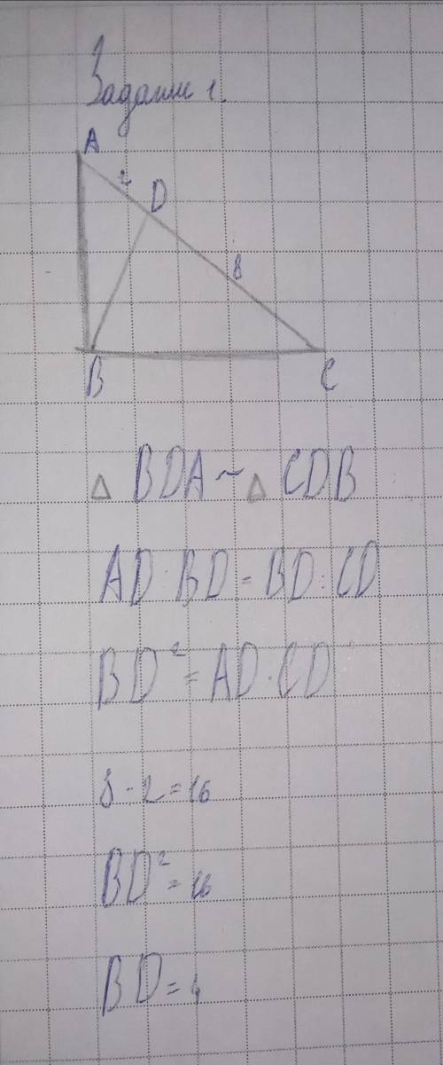 В прямоугольном треугольнике ABC из вершины прямого угла проведена высота BD. Определите длину BD, е