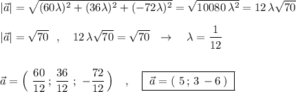 |\vec{a}|=\sqrt{(60\lambda )^2+(36\lambda )^2+(-72\lambda )^2}=\sqrt{10080\, \lambda ^2}=12\, \lambda \sqrt{70}\\\\|\vec{a}|=\sqrt{70}\ \ ,\ \ \ 12\, \lambda \sqrt{70}=\sqrt{70}\ \ \to \ \ \ \lambda =\dfrac{1}{12}\\\\\\\vec{a}=\Big(\ \dfrac{60}{12}\, ;\, \dfrac{36}{12}\ ;\ -\dfrac{72}{12}\, \Big)\ \ \ ,\ \ \ \boxed{\ \vec{a}=(\ 5\, ;\, 3\, -6\, )\ }