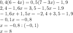 0,4(6-4x)=0,5(7-3x)-1,9\\2,4-1,6x=3,5-1,5x-1.9\\-1,6x+1,5x=-2,4+3,5-1,9\\-0,1x=-0,8\\x=-0,8:(-0,1)\\x=8