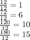 \frac{12}{12} = 1 \\ \frac{72}{12} = 6\\ \frac{120}{12} = 10 \\ \frac{180}{12} = 15