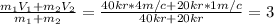 \frac{m_{1}V_{1} + m_{2} V_{2}}{m_{1} + m_{2} } = \frac{40 kr*4 m/c + 20 kr*1 m/c}{40 kr + 20 kr} = 3