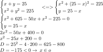 \begin{cases}x + y = 25 \\ x^{2} + y^{2} = 225 \: \end{cases} < = \begin{cases} x^{2} + (25 - x)^{2} = 225 \\y = 25 - x \: \end{cases} \\ \begin{cases} {x}^{2} + 625 - 50x + {x}^{2} - 225 = 0 \\ y = 25 - x \end{cases} \\ 2 {x}^{2} - 50x + 400 = 0 \\ {x}^{2} - 25x + 200 = 0\\ D = 25^2- 4 \cdot 200 = 625 - 800 \\ D = - 175