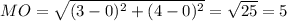 MO=\sqrt{(3-0)^2+(4-0)^2}=\sqrt{25}=5