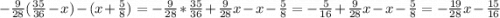 -\frac{9}{28}(\frac{35}{36}-x)-(x+\frac{5}{8})=-\frac{9}{28}*\frac{35}{36}+\frac{9}{28}x-x-\frac{5}{8}=-\frac{5}{16}+\frac{9}{28}x-x-\frac{5}{8}=-\frac{19}{28}x-\frac{15}{16}