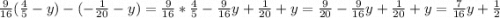 \frac{9}{16}(\frac{4}{5}-y)-(-\frac{1}{20}-y)=\frac{9}{16}*\frac{4}{5}-\frac{9}{16}y+\frac{1}{20}+y=\frac{9}{20}-\frac{9}{16}y+\frac{1}{20}+y=\frac{7}{16}y+\frac{1}{2}