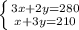 \left \{ {{3x + 2y=280} \atop {x + 3y =210}} \right.