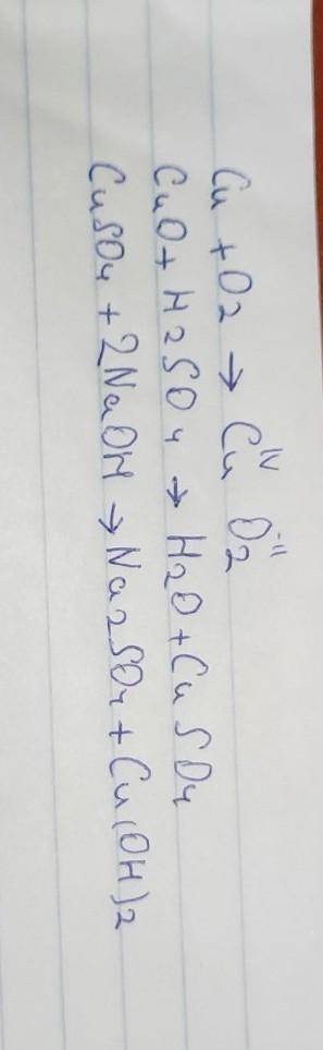 Напишіть рівняння реакцій згідно схем Cu + O2 =CuO + H2SO4=CuSO4 + NaOH=Cu(OH)2 +... = Cu(NO3)2 ​