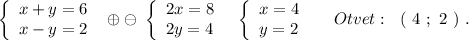 \left\{\begin{array}{l}x+y=6\\x-y=2\end{array}\right\ \oplus \ominus \ \left\{\begin{array}{l}2x=8\\2y=4\end{array}\right\ \ \left\{\begin{array}{l}x=4\\y=2\end{array}\right\ \ \ \ Otvet:\ \ (\ 4\ ;\ 2\ )\ .