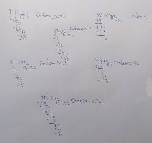 542. a) 2,7: 0,4;r) 42,42 : 1,4;6) 92,5: 0,37;A) 21,3:0,04B) 0,2184 : 3,9e) 0,536 : 0,5 столбиком ​