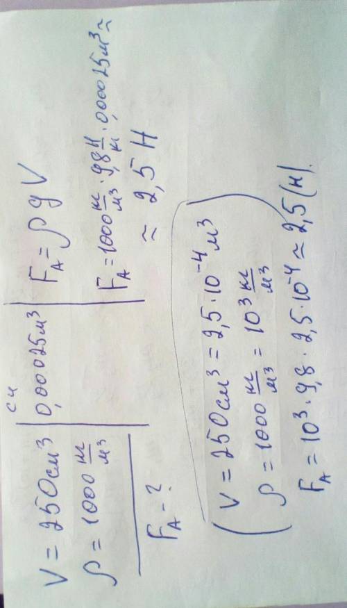 Тело объёмом 250см³ погружено в воду. Вычислите архимедову силу, действующую на это тело. Плотность