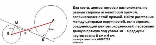 Два кола, центри яких розташовані по різні сторони від деякої прямої, дотикаються до цієї прямої. Зн