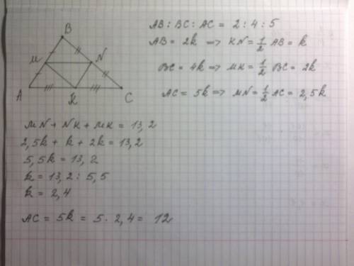 Стороны треугольника АВС пропорциональны числам2, 4 и 5; периметр треугольника, образованный его сре