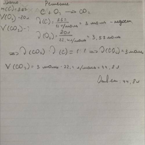 каков объем углекислого газа CO2 (н.у.), образующегося при взаимодействии 36 г углерода и кислорода