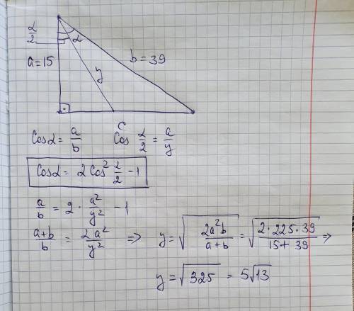 гипотенуза прямоугольного треугольника 39 см, а один из катетов 15 см. найдите биссектрису треугольн