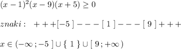 (x-1)^2(x-9)(x+5)\geq 0\\\\znaki:\ \ +++[-5\ ]---[\ 1\ ]---[\ 9\ ]+++\\\\x\in (-\infty \, ;-5\ ]\cup \{\ 1\ \}\cup [\ 9\, ;+\infty \, )