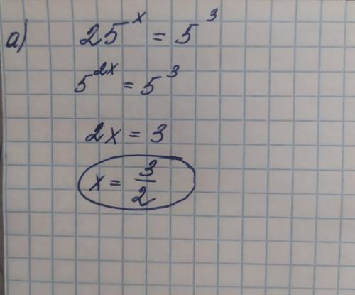 A) 25^x = 5^3б) 5^x + 3*5^x-2 = 3500​