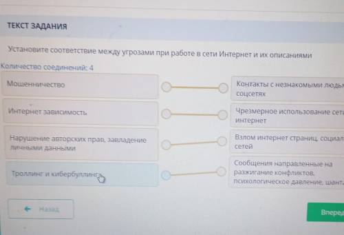 Установите соответствие между угрозами при работе в сети Интернет и их описаниями. Количество соедин