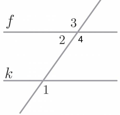 Углы при параллельных прямых Пря­мые f и k параллельны. Най­ди­те∠3, если ∠1 = 102° . ответ дайте в