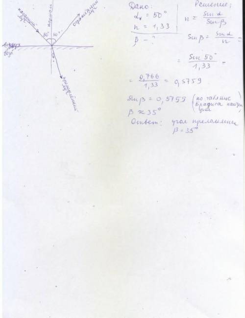 1) угол падения луча на поверхность спирта 50градусов, найти угол преломления. 2) под каким углом лу