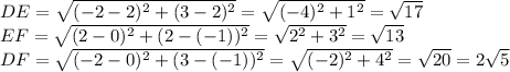 DE=\sqrt{(-2-2)^{2} +(3-2)^{2} }=\sqrt{(-4)^{2} +1^{2} } = \sqrt{17} \\EF = \sqrt{(2-0)^{2} +(2-(-1))^{2} }=\sqrt{2^{2} +3^{2} } = \sqrt{13}\\DF = \sqrt{(-2-0)^{2} +(3-(-1))^{2} }=\sqrt{(-2)^{2} +4^{2} } = \sqrt{20}=2\sqrt{5}