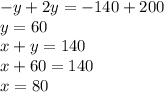 -y+2y=-140+200\\y=60\\x+y=140\\x+60=140\\x=80