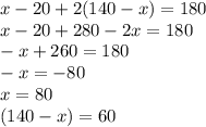 x-20+2(140-x)=180\\x-20+280-2x=180\\-x+260=180\\-x=-80\\x=80\\(140-x)=60