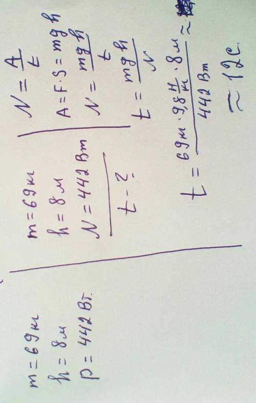 Мальчик, масса которого 69 кг, может взобраться по канату на высоту 8 м, развивая мощность 442 Вт. К