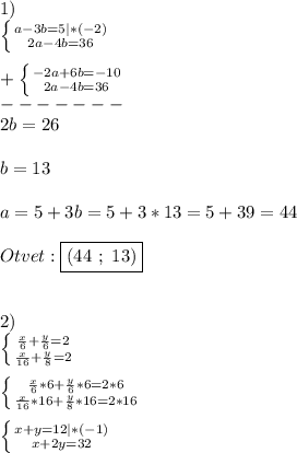 1)\\\left \{ {{a-3b=5}|*(-2) \atop {2a-4b=36}} \right.\\\\+\left \{ {{-2a+6b=-10} \atop {2a-4b=36}} \right. \\-------\\2b=26\\\\b=13\\\\a=5+3b=5+3*13=5+39=44\\\\Otvet:\boxed{(44 \ ; \ 13)}\\\\\\2)\\\left \{ {{\frac{x}{6} +\frac{y}{6}=2 } \atop {\frac{x}{16} +\frac{y}{8}=2 }} \right. \\\\\left \{ {{\frac{x}{6} *6+\frac{y}{6}*6=2*6 } \atop {\frac{x}{16}*16 +\frac{y}{8}*16=2*16 }} \right.\\\\\left \{ {{x+y=12}|*(-1) \atop {x+2y=32}} \right.