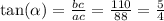 \tan( \alpha ) = \frac{bc}{ac} = \frac{110}{88} = \frac{5}{4}