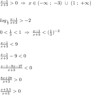 \frac{x-1}{x+3} 0 \ \Rightarrow \ x\in(-\infty \ ; \ -3) \ \cup \ (1 \ ; \ +\infty)\\\\\\log_{\frac{1}{3}}\frac{x-1}{x+3} -2\\\\0