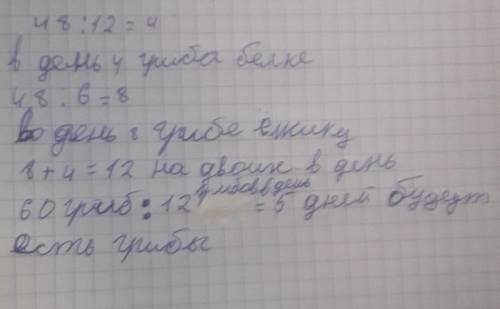 с задачей 48 грибов белке хватит на 12 дней а ёжику на 6 дней.На сколько дней им обоим хватит 60 гри